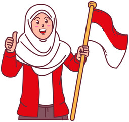 A woman wearing a hijab carries the Indonesian flag, happy Indonesian independence day