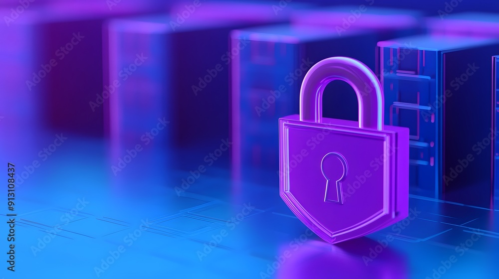Aufkleber digital security concept with a purple padlock and servers in the background, representing data prot