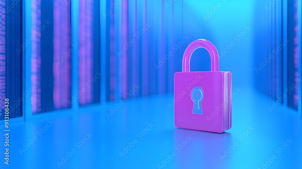 Poster digital security concept with a pink lock on a blue-lit background symbolizing data protection and c