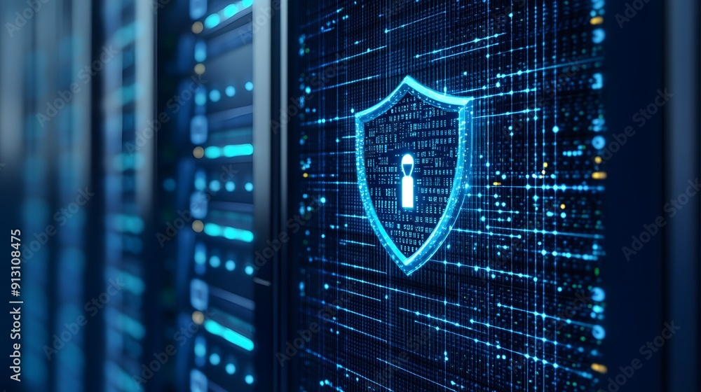 Poster digital security concept with a shield icon on a server in a data center, representing information p