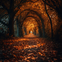 A serene autumn tunnel showcasing vibrant foliage, capturing the essence of fall in a picturesque landscape.