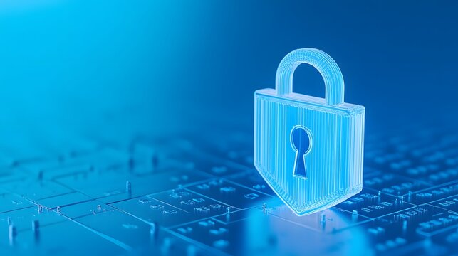 Digital security concept with a translucent padlock sitting on a keyboard, symbolizing data protection and cybersecurity.