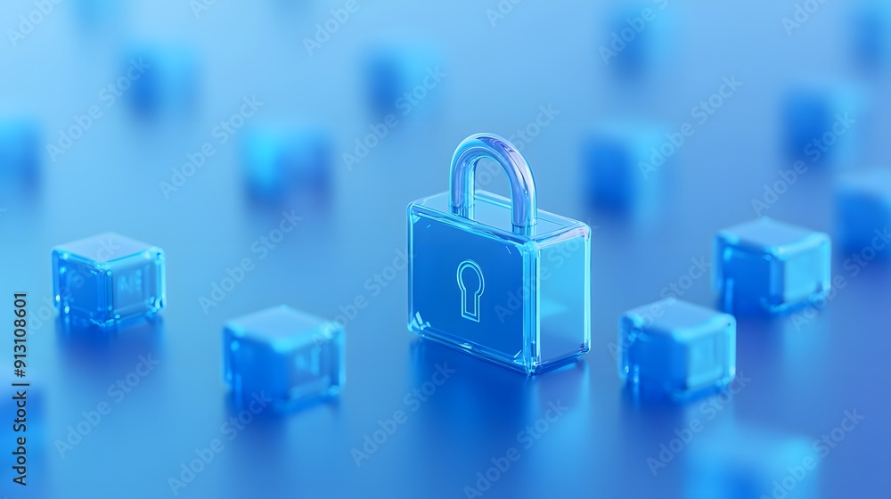 Poster digital security concept with blue padlock symbolizing data protection, surrounded by small cubes on