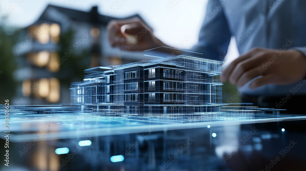 Poster high-resolution 3d bim model of a residential complex, with architects and engineers discussing desi