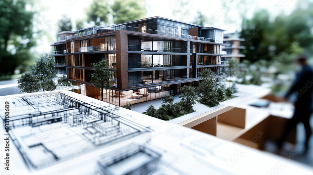 Poster high-resolution 3d bim model of a residential complex, with architects and engineers discussing desi