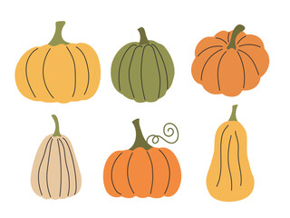 Doodle abstract Pumpkins set. Autumn Vegetable harvest. Cute Pumpkin silhouette isolated on white. Halloween Thanksgiving holiday element for card, invitation, banner, packaging design