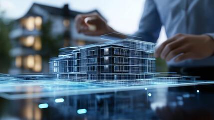 High-resolution 3D BIM model of a residential complex, with architects and engineers discussing design elements