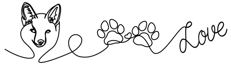 One  continuous single line drawing of dog and dog paw with heart and love writing - Vector graphic illustration for Canva, presentation, decoration