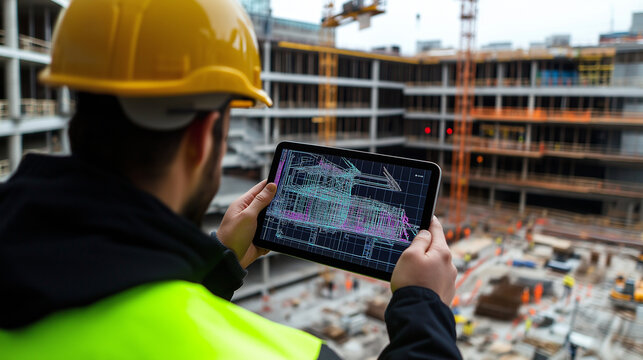 Engineers and architects using augmented reality to view a BIM model superimposed on a construction site