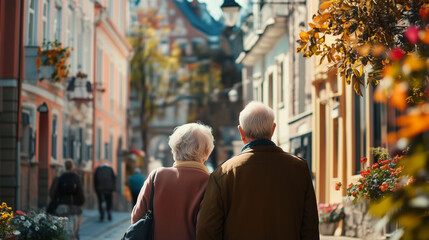 Obraz premium copy space stockphoto, elderly couple visiting a city, tourist publicity photo. Active elderly couple, visiting a city. Travel destination for senior people. Active lifestyle for aged couple. Life in
