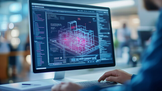 Close-up of a 3D BIM model on a computer screen, with architects and engineers making collaborative edits