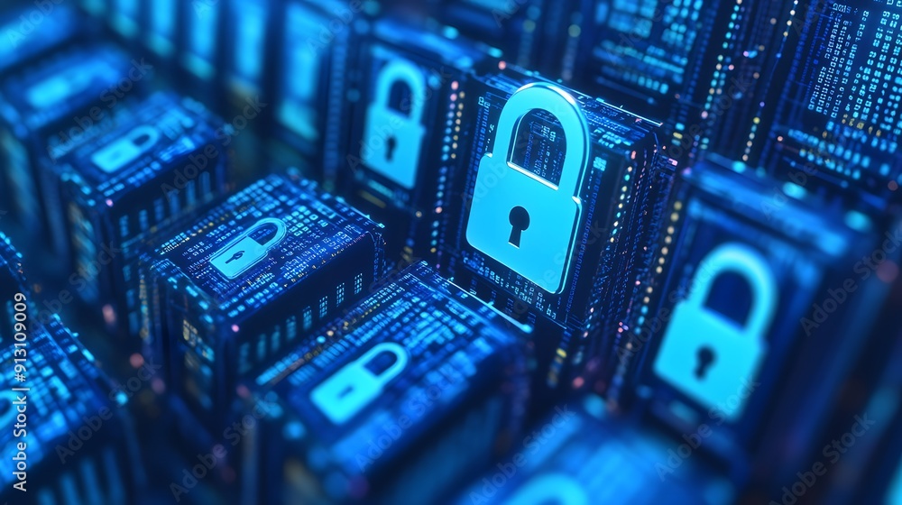 Aufkleber digital security concept with illuminated padlocks and data server racks, representing cybersecurity