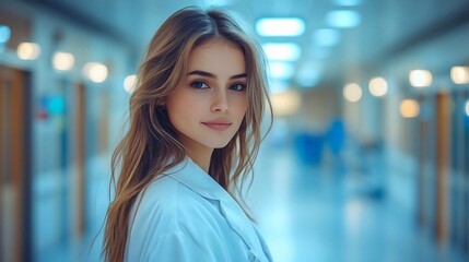 girl 30 years old, European appearance, white coat, hospital corridor in the background