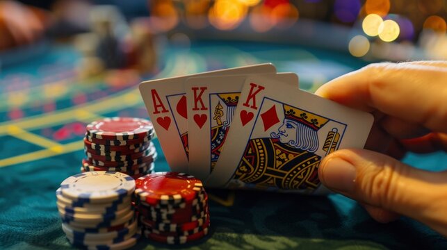 A close-up of a winning poker hand featuring four Aces and a King, against a casino table background with stacks of poker chips, evoking excitement and skill.