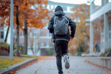 schoolboy with backpack running towards school in morning, seen from behind, on clear day. child eagerly rushing to class, capturing sense of excitement and anticipation for school day ahead
