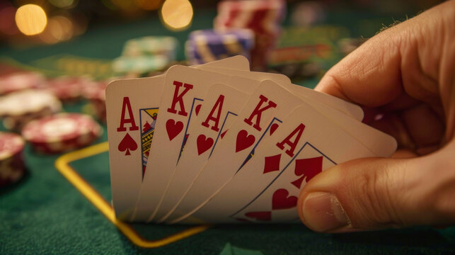 A close-up of a winning poker hand featuring four Aces and a King, against a casino table background with stacks of poker chips, evoking excitement and skill.