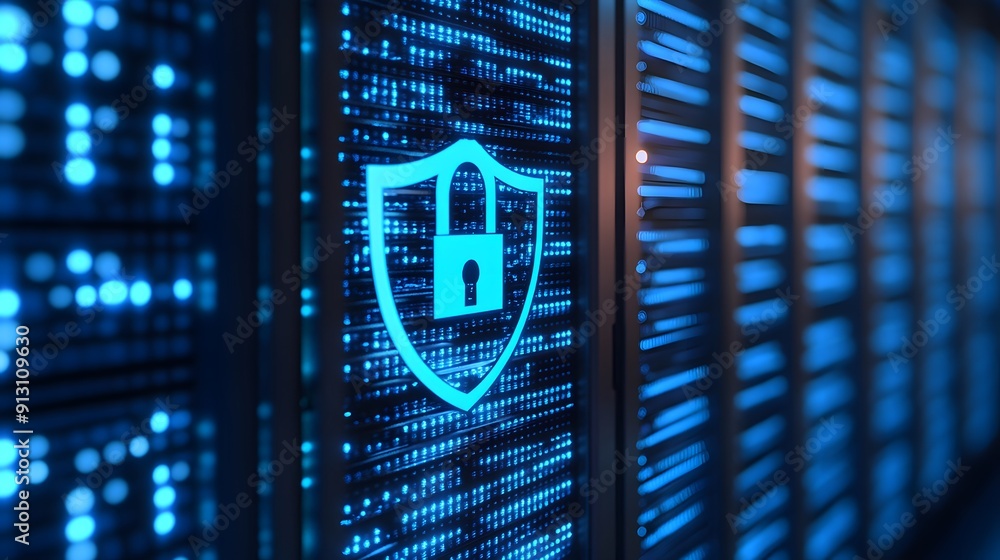 Poster digital security shield symbol on data server racks, illustrating cybersecurity, data protection, an