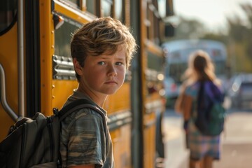 Fototapeta premium Young boy with a colorful backpack boarding a yellow school bus, looking thoughtful, with another child ahead of him, capturing a moment of school routine.