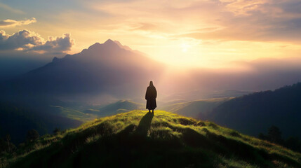 Obraz premium Jesus standing on a hill, with a backdrop of majestic mountains and a serene valley