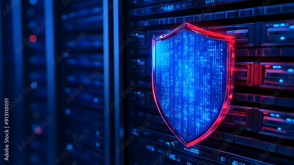 Poster digital shield protecting server data in a datacenter, symbolizing cybersecurity and data protection