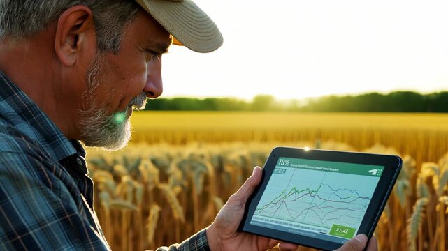 A man in a plaid shirt and cap stands against a field using a tablet for work, illuminated by the setting sun.
Concept: use of technology in agriculture, farming