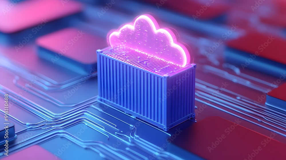 Poster futuristic cloud computing concept with a holographic cloud on a container and circuit board backgro