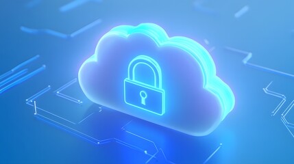Futuristic 3D illustration of a cloud symbol with a padlock, representing secure cloud storage and data protection technology.