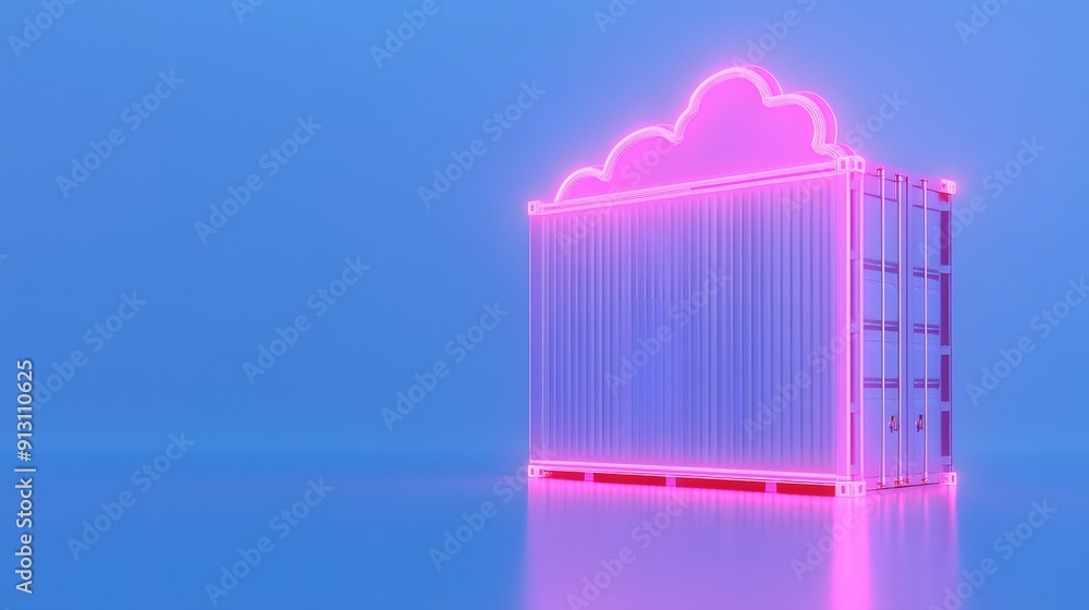 Poster futuristic concept of cloud storage with a neon container against a blue background, representing da