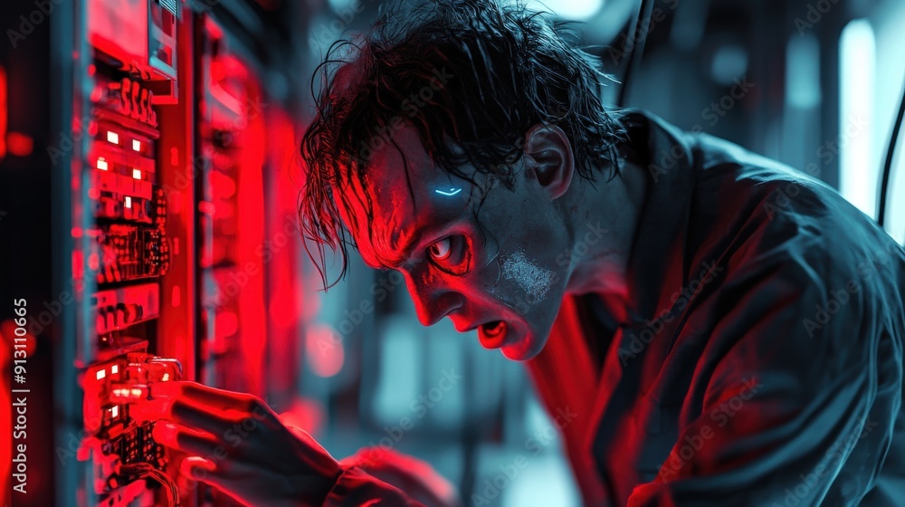Poster a technician focuses intently on resolving issues with equipment in a low-light environment, illumin
