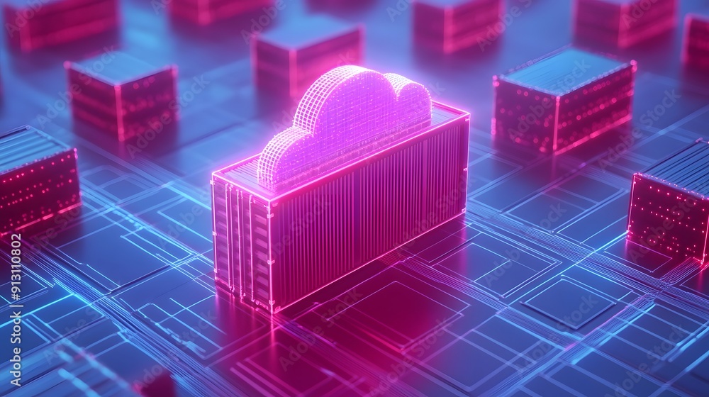 Poster futuristic digital cloud storage concept with neon glowing servers and data transfer technology, rep