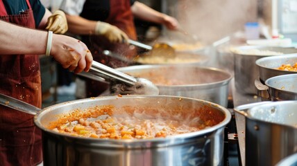 Volunteers cooking a large batch of soup in a community kitchen, preparing meals for the homeless