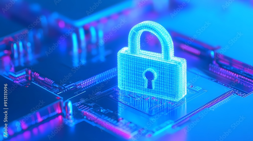 Poster futuristic digital security concept: blue glowing lock icon on a printed circuit board, symbolizing 