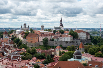 Fototapeta premium Tallinn Estonia cityscape. View from tower of Saint Olaf Church of old city of Tallin