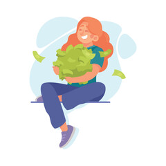 Rich Woman Character with Green Money Banknotes Vector Illustration