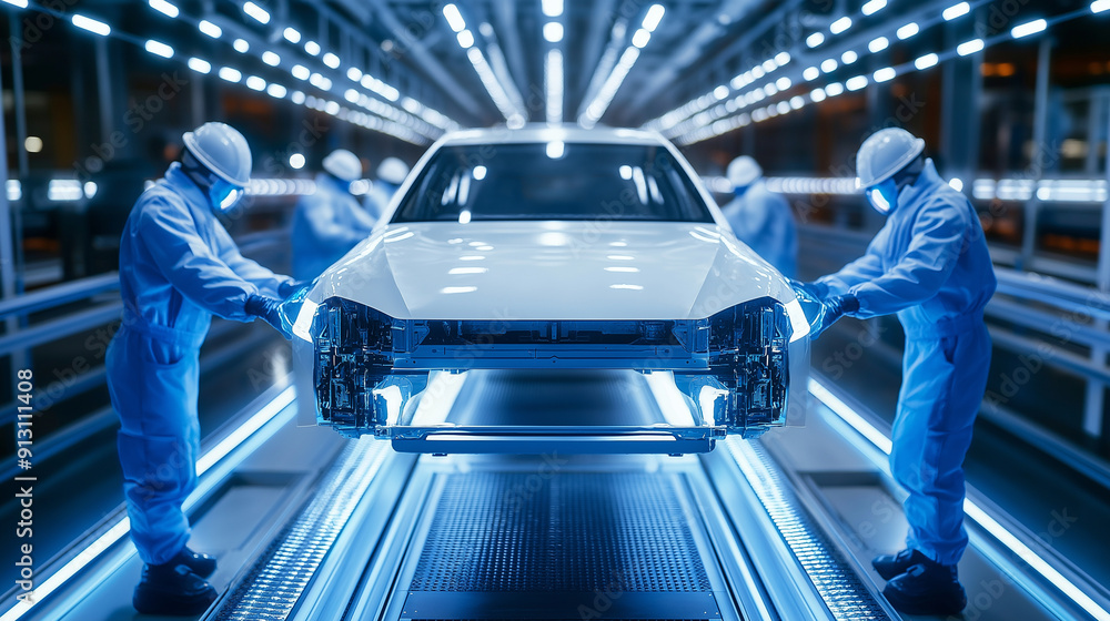 Poster advanced robotic systems painting car bodies in a pristine assembly line environment