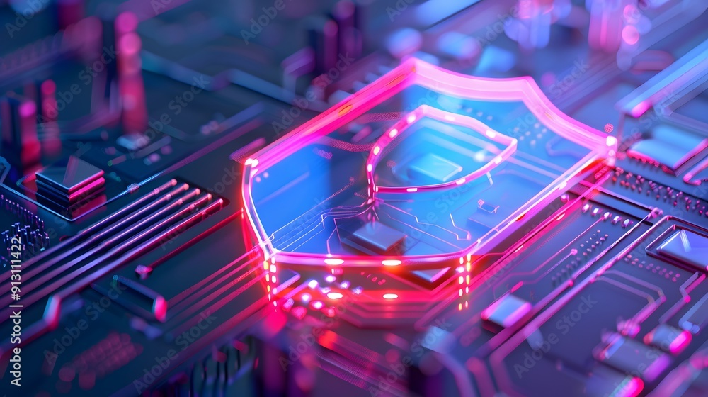 Poster futuristic digital shield symbolizing cybersecurity on a glowing circuit board with neon lights, emp