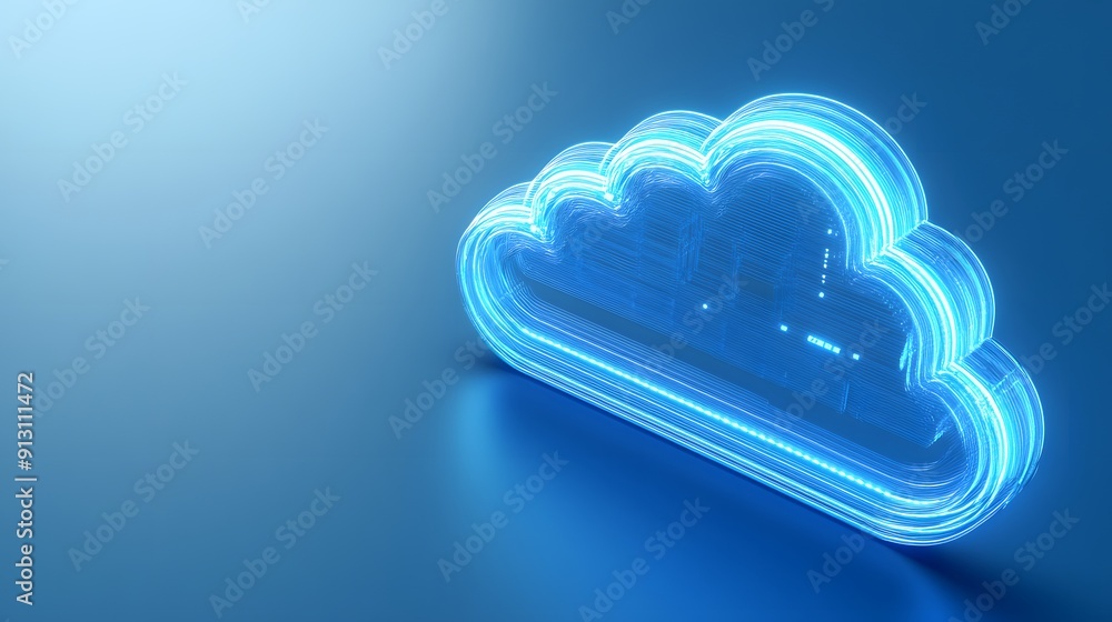 Poster futuristic glowing cloud symbolizing cloud computing and technology on a blue background. ideal for 