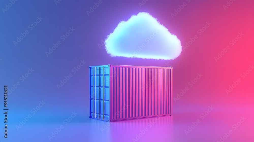 Poster futuristic illustration of cloud computing with a glowing cloud above a shipping container, symboliz