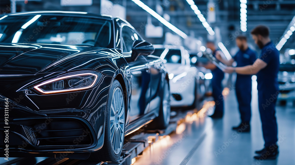 Poster engineers overseeing the final quality check of cars on a moving assembly line