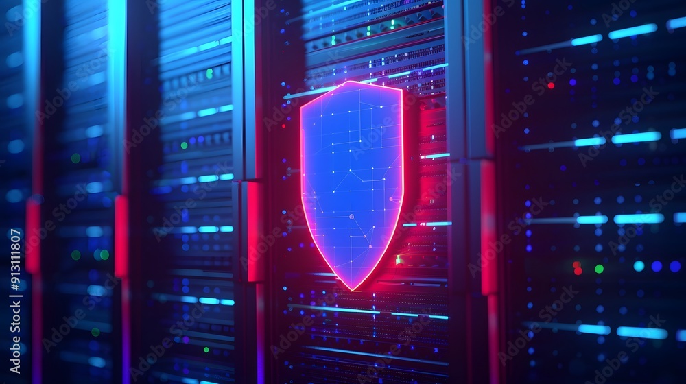 Poster futuristic server room with glowing shield icon representing cybersecurity and data protection.