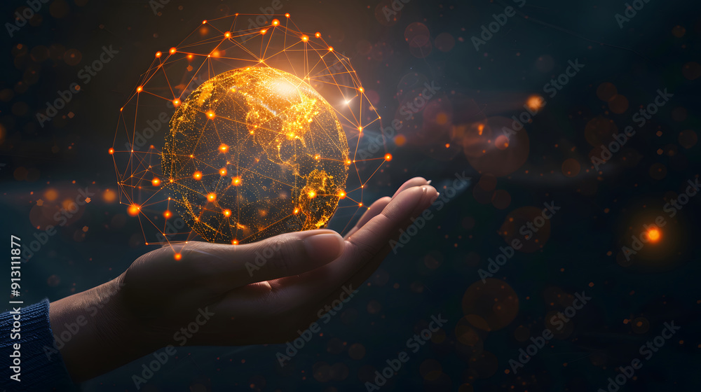 Poster abstract palm hands with global network connections, innovative technologies in the field of science