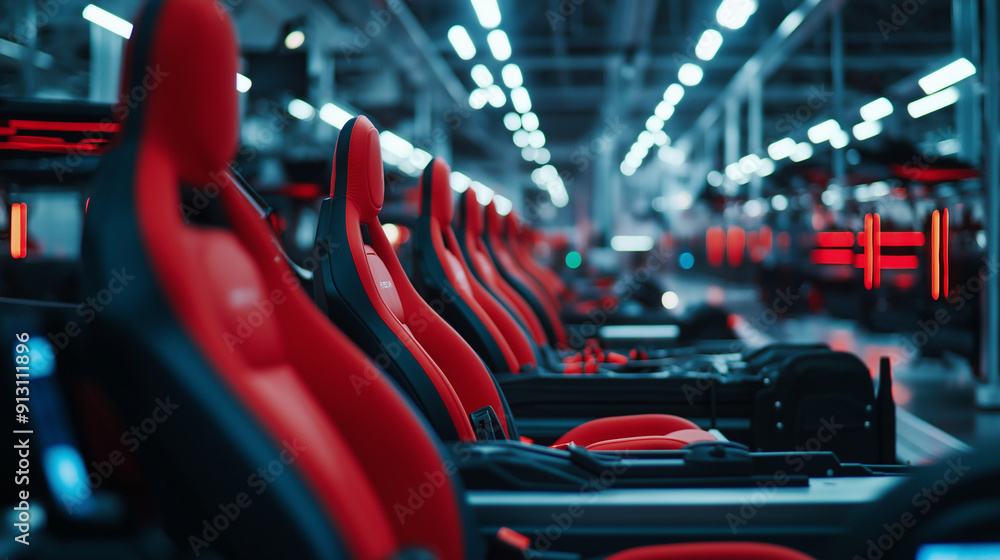 Poster robotic hands installing car seats in a streamlined, automated production line