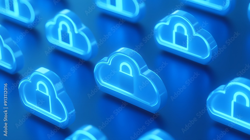 Aufkleber glowing blue cloud icons with lock symbols, representing cloud computing and data security concept.