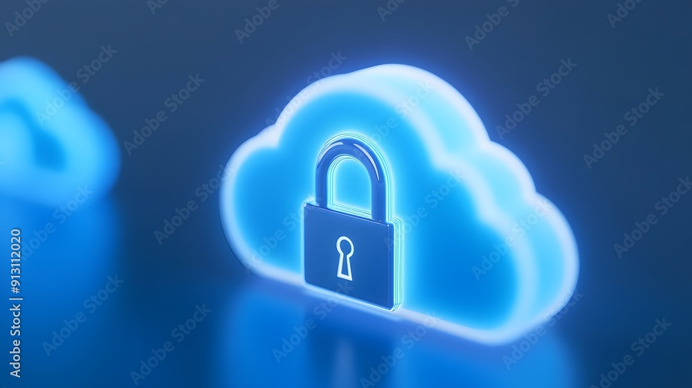 Poster glowing blue cloud icon with padlock symbolizing secure cloud storage and data protection in a digit