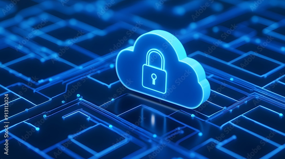 Poster glowing blue cloud security icon on a digital circuit board, representing data protection and cybers