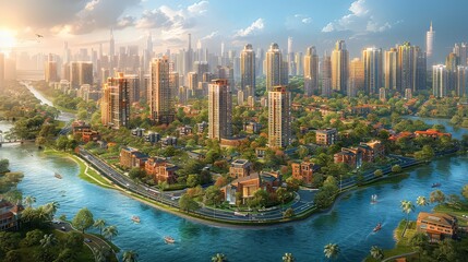 Fototapeta premium Concept of eco city. Modern city with skyscrapers, highway and cars surrounded by nature landscape on the patch of land. ai generated