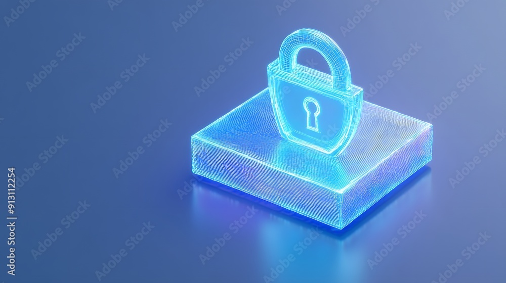 Poster glowing blue futuristic padlock symbolizing digital security and data protection on a transparent pl