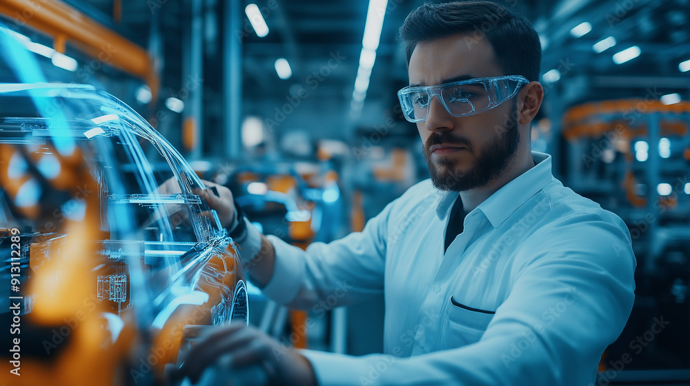 Poster engineers calibrating robotic systems for car assembly in a state-of-the-art factory
