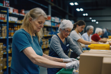 Obraz premium Concentrated female volunteers wearing gloves and working in packaging line at food bank