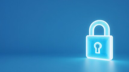 Fototapeta premium Glowing blue neon padlock on a blue background, symbolizing security, protection, and digital safety in a modern visual style.